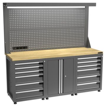 Kraftmeister Pro établi avec panneau à outils 12 tiroirs 2 portes chêne 200 cm gris